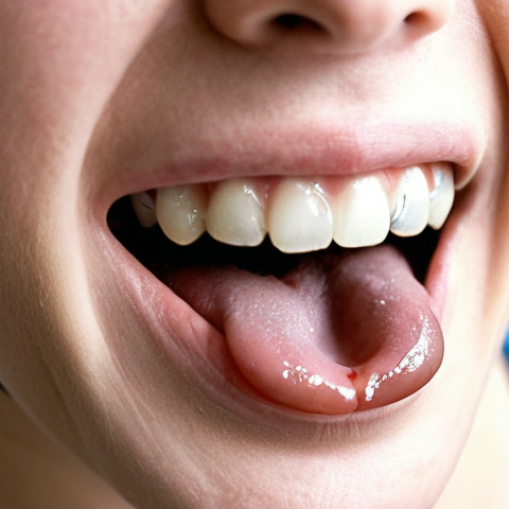 **Image:** A close-up of a person's mouth with traditional braces. Their tongue is slightly visible as they attempt to pronounce a word.

    **Prompt:** *Close-up, mouth with metal braces, tongue trying to articulate, slightly awkward expression, focus on the braces and tongue, slightly out-of-focus background, natural lighting, soft colors.*