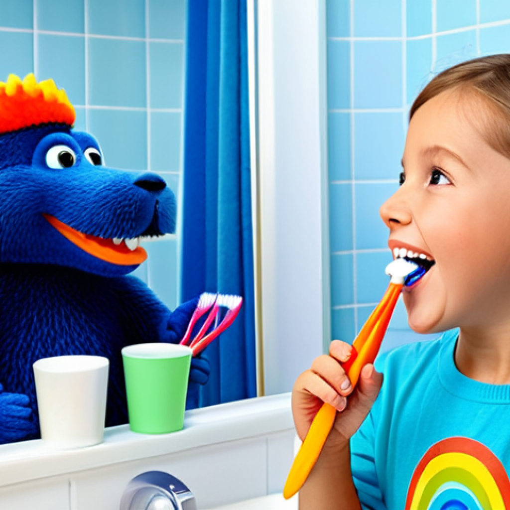 Fun Brushing Time**

A cheerful child, fully clothed in appropriate attire, brushing their teeth with a colorful toothbrush in a bright bathroom. A timer shaped like a friendly animal is visible. Safe for work, appropriate content, family-friendly, perfect anatomy, correct proportions, well-formed hands. Professional illustration, clean and vibrant style.

**
