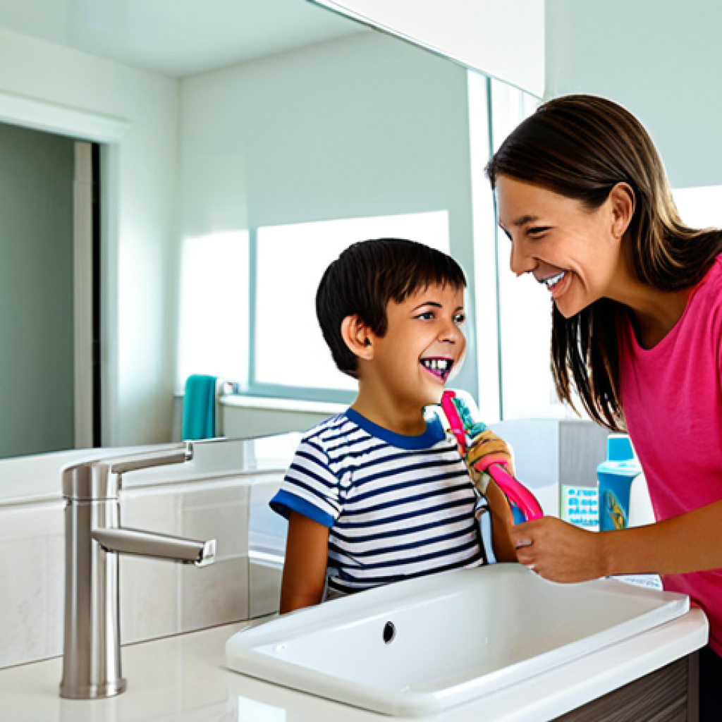 어린이 충치 예방을 위한 불소도포 - Mother and Child Brushing Teeth**

A young, smiling mother assisting her child (around 5 years old) ...