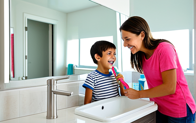 어린이 충치 예방을 위한 불소도포 - Mother and Child Brushing Teeth**

A young, smiling mother assisting her child (around 5 years old) ...