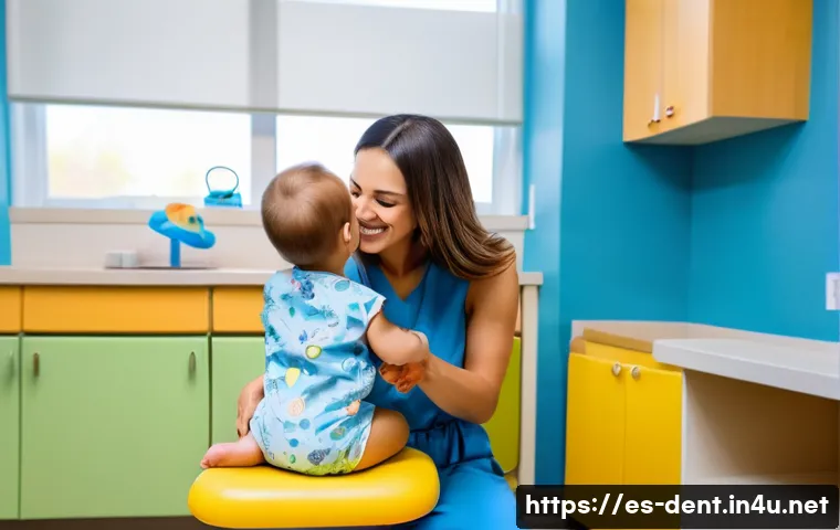 소아치과 진료 주기와 체크리스트 - A friendly female pediatric dentist, with a warm smile, gently examining a happy, curious toddler (a...