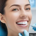 치과에서 사용하는 신소재 레진 종류 - A close-up, hyper-realistic image of a smiling adult female patient in a modern dental clinic, showc...