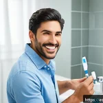 구강세정기와 일반 칫솔 비교 - A modern bathroom scene featuring a mid-30s Hispanic man wearing casual home clothes and standing in...
