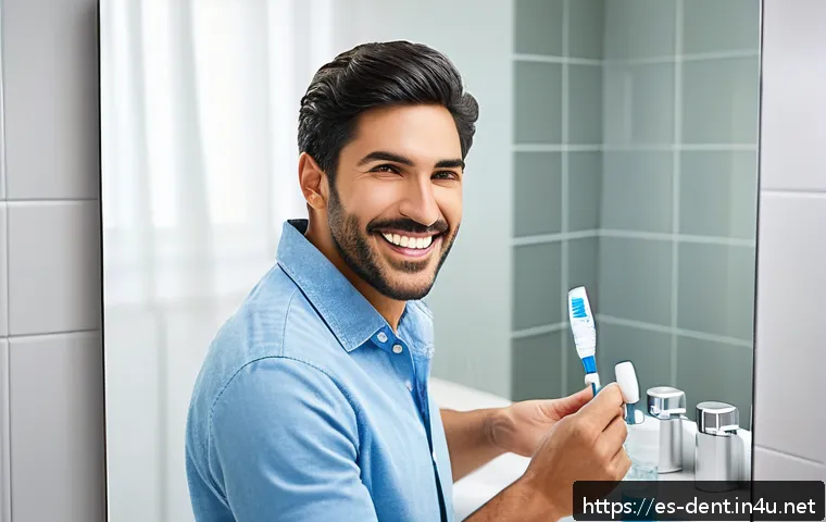 구강세정기와 일반 칫솔 비교 - A modern bathroom scene featuring a mid-30s Hispanic man wearing casual home clothes and standing in...