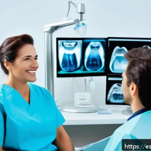 임플란트 수술 과정과 회복 기간 - A detailed dental clinic scene showing a dentist consulting with a Spanish-speaking middle-aged pati...