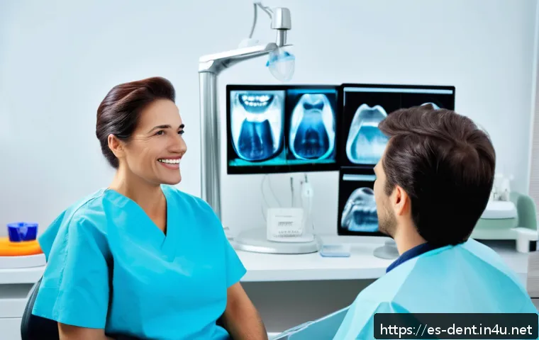 임플란트 수술 과정과 회복 기간 - A detailed dental clinic scene showing a dentist consulting with a Spanish-speaking middle-aged pati...