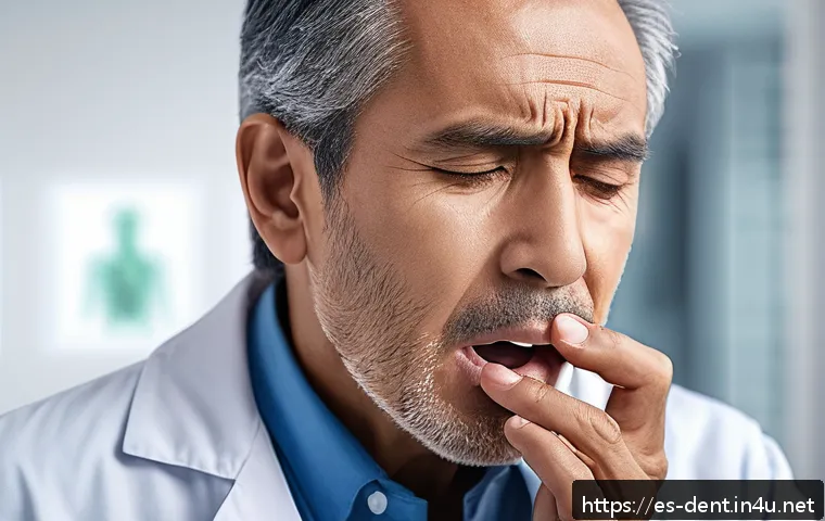 턱관절 장애 초기 증상과 치료법 - A detailed medical illustration showing a middle-aged Hispanic man with mild facial expression of di...