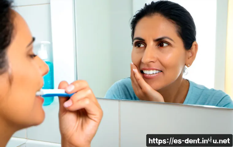 치아 과민증 완화 방법과 치료법 - Photorealistic close-up lifestyle scene of a middle-aged Hispanic woman in a bright modern bathroom,...