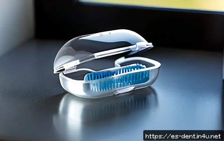 치아 교정 유지 장치의 수명과 관리 - Photorealistic close-up still life of a clean transparent orthodontic retainer resting in an open pr...