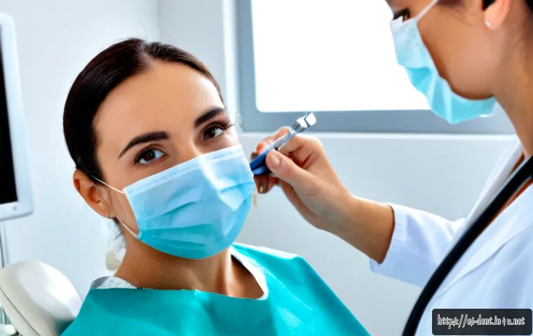 치과에서 시행하는 구강검진 항목 - Photorealistic modern dental clinic in Spain, friendly adult patient seated in a dental chair wearin...