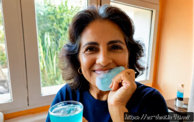 임플란트 시술 후 통증 관리 팁 - Photorealistic close-up of a middle-aged Hispanic woman resting comfortably at home after a dental i...
